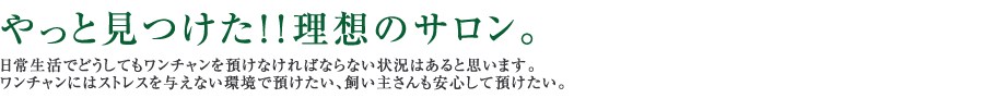 やっと見つけた!!理想のサロン。日常生活でどうしてもワンちゃんを預けなければならない状況はあると思います。ワンちゃんにはストレスを与えない環境で預けたい、飼い主さんも安心して預けたい。
